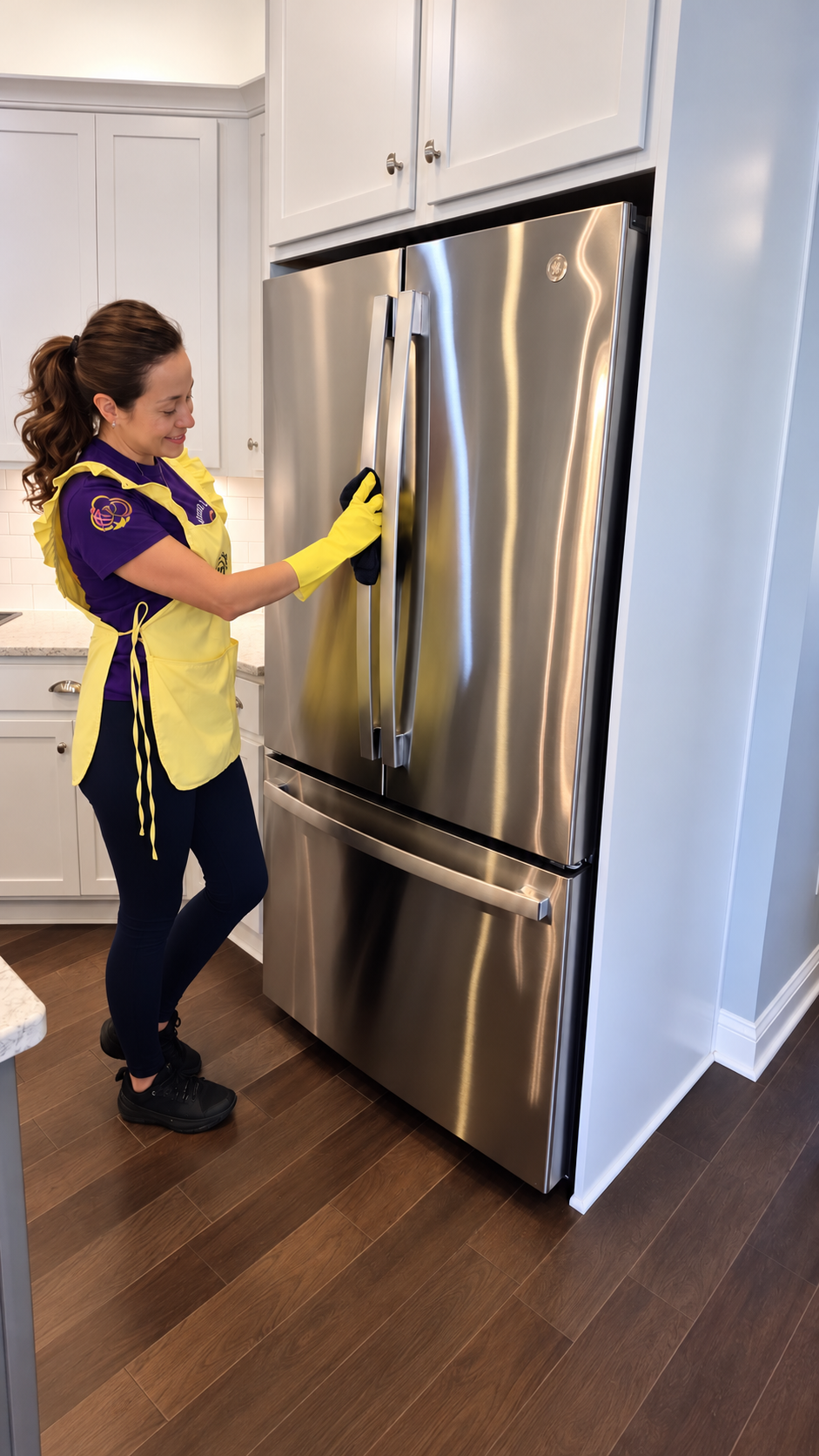 A Cleaning Cardinals team member in a purple shirt and yellow apron wiping a stainless steel refrigerator