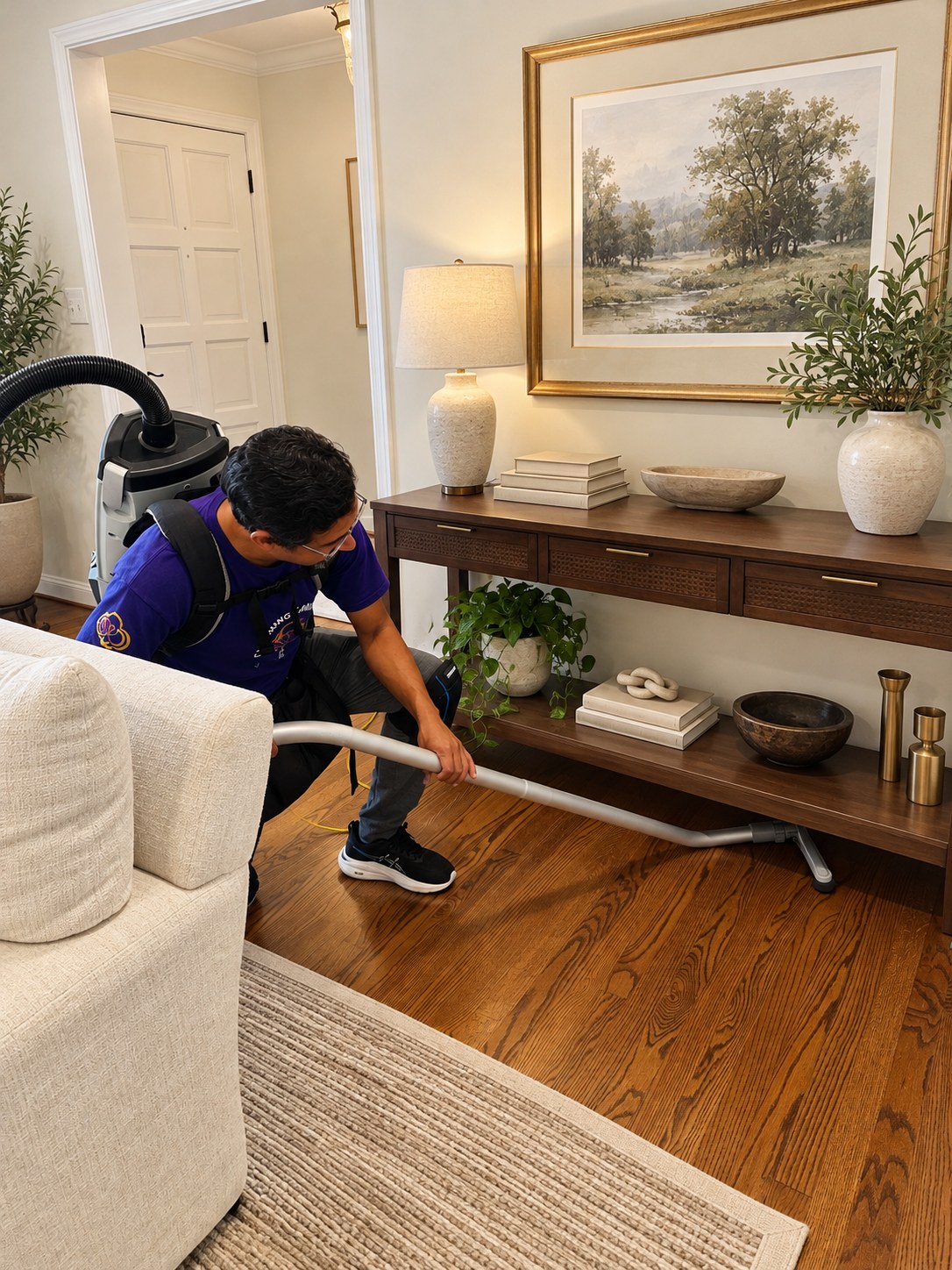 A Cleaning Cardinals team member vacuuming hardwood floors